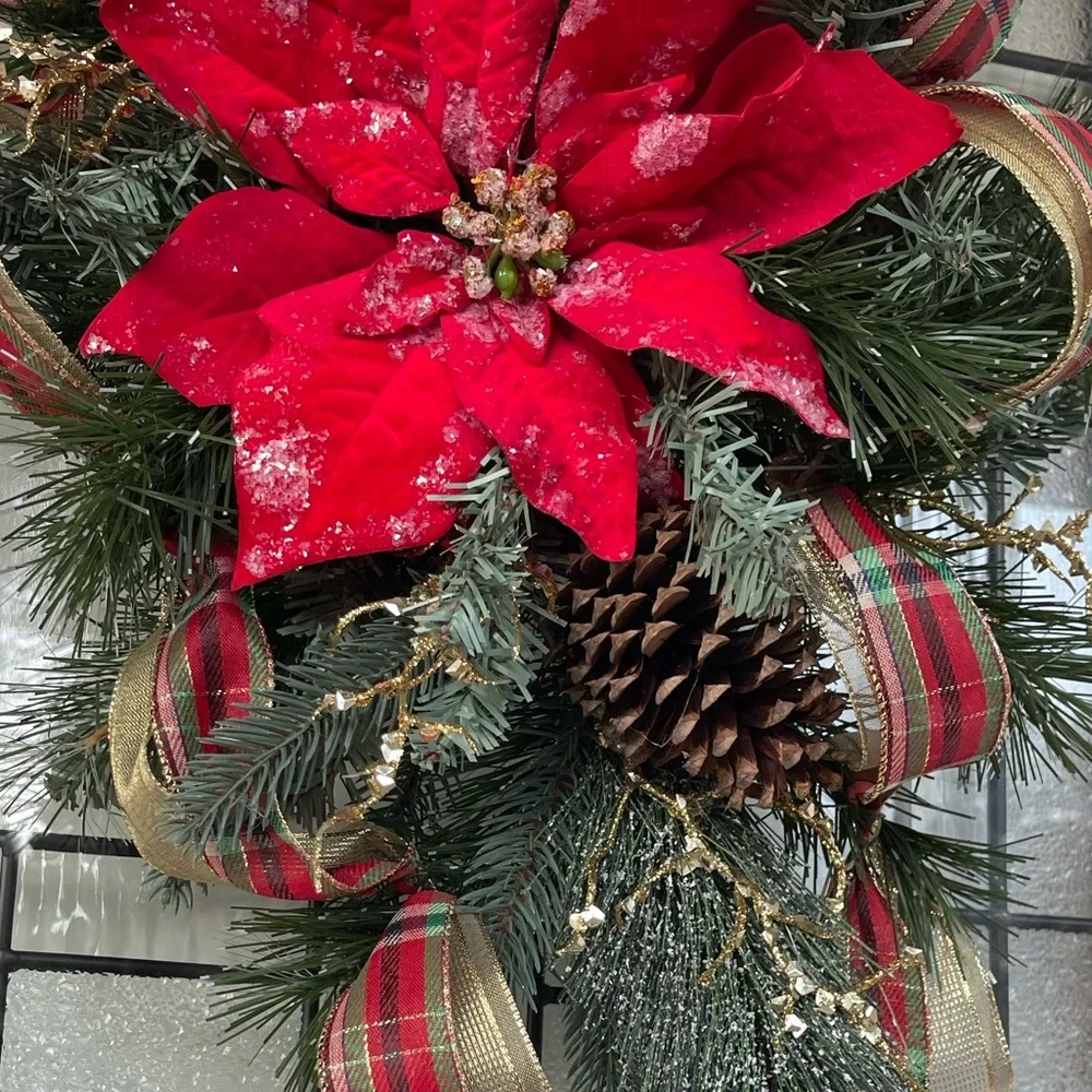 **Red Poinsettia Christmas Teardrop Swag Wreath Front door